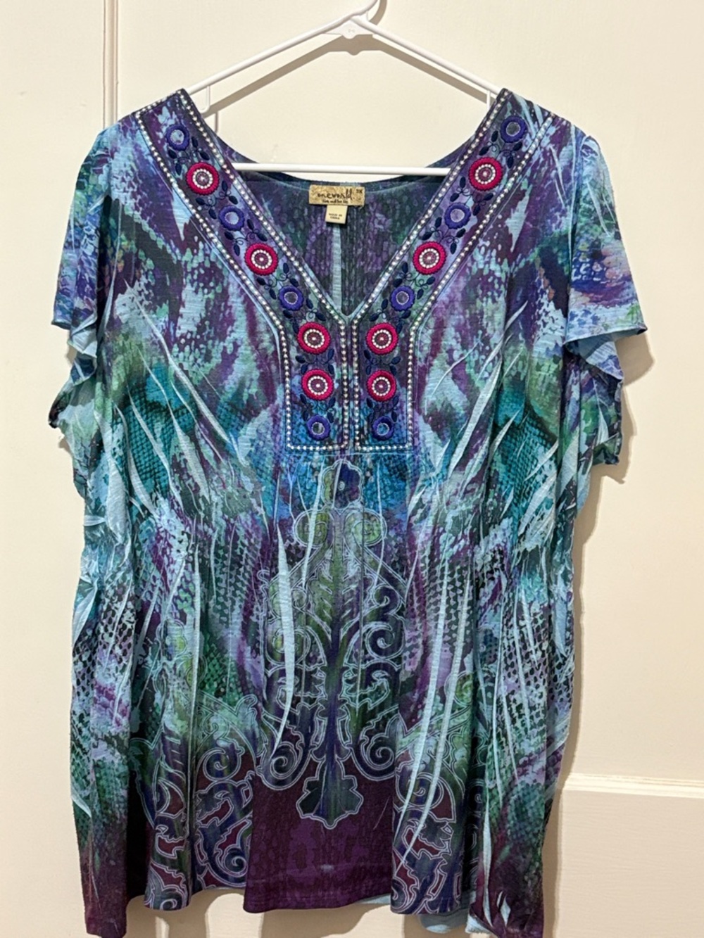 ONE WORLD Teal Blue Purple Embellished V-Neck Tunic